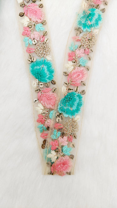 9 Yards Blue and Pink Soft Net Lace Trim Floral Embroidery and Gold Sequins, Floral Sari Border, Decorative Trim